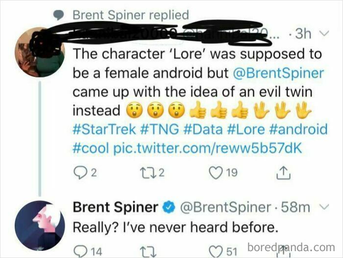 Screenshot of a tweet where a user's statement about Star Trek is debunked by Brent Spiner, a lie on social media.