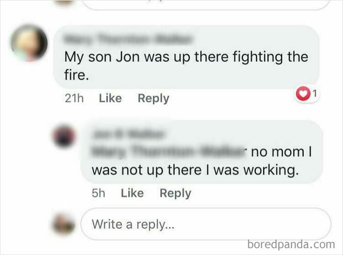 Screenshot of a Facebook conversation where a son corrects his mom's lie on social media about him fighting a fire.