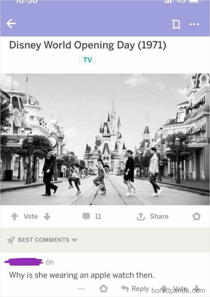 A black and white image of Disney World opening day with people walking, and a social media comment pointing out a modern Apple Watch.