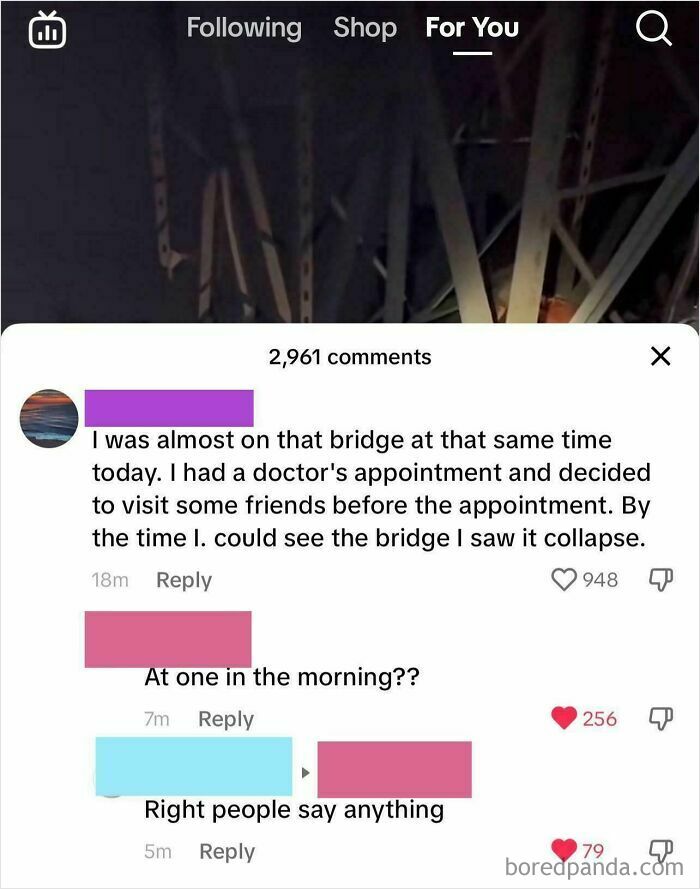 Screenshot of a social media post where a user is lying on social media about witnessing a bridge collapse.