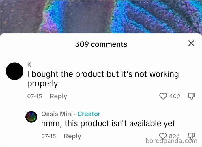 Screenshot of social media comments where a user is caught lying about a product that isn't yet available.