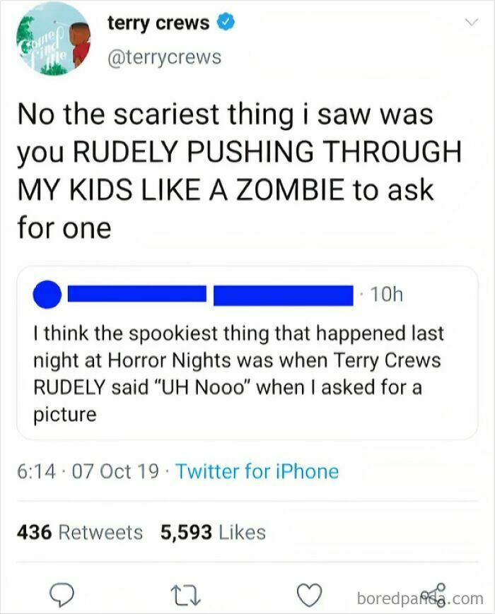 Terry Crews on social media responding to someone lying about him being rude at Horror Nights.