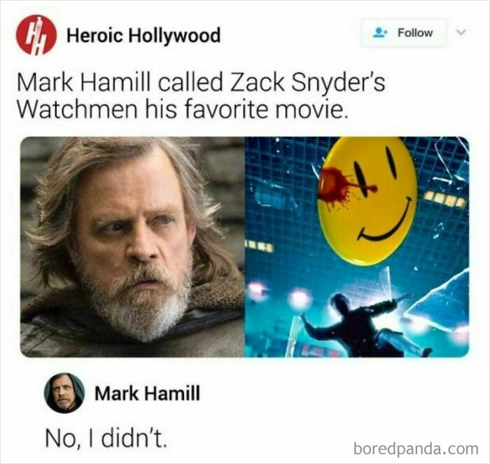 Mark Hamill on social media debunking a claim that he called Zack Snyder's Watchmen his favorite movie, exposing a lie.