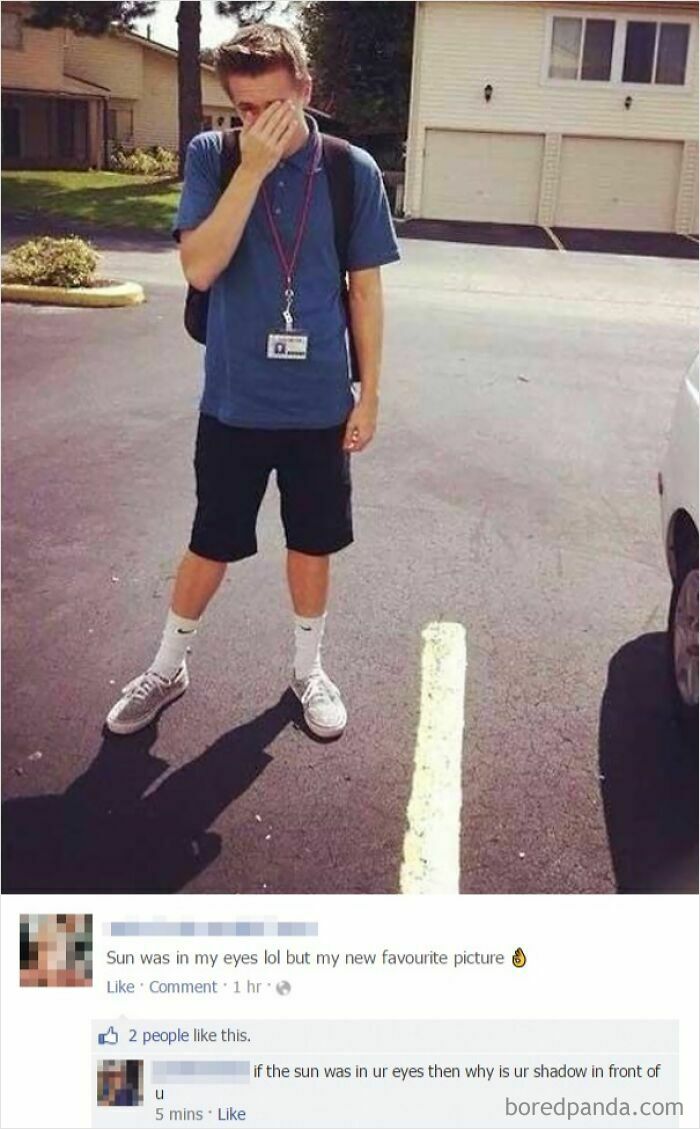 A social media post with a person lying about the sun being in their eyes, exposed by their shadow.