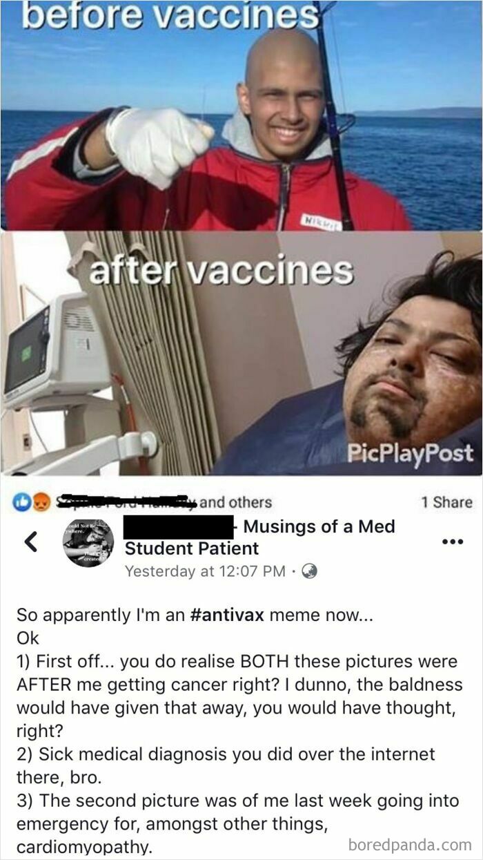 Image of a meme and a person refuting its false claims about vaccines, revealing a lie on social media.