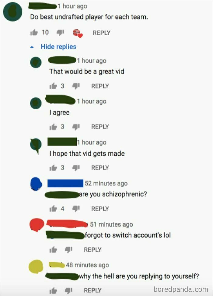 A YouTube comment section where a user replies to their own comments multiple times, forgetting to switch accounts, revealing they lied on social media.