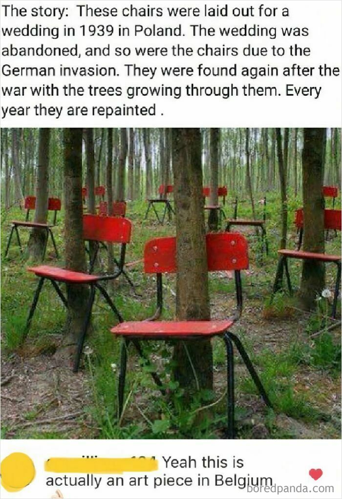 A social media post about trees growing through red chairs, with a comment correcting the false story, exposing a lie.