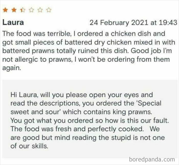 A customer's lie about a terrible meal is exposed by a restaurant owner on social media.