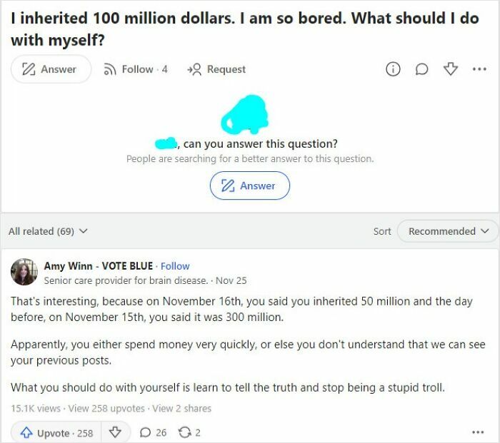 Screenshot of a Quora post and a debunking answer, revealing a user's lies on social media about inherited wealth.