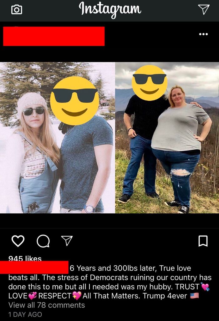 A cringey Instagram post featuring a weight gain comparison, illustrating how people can be awkward online.