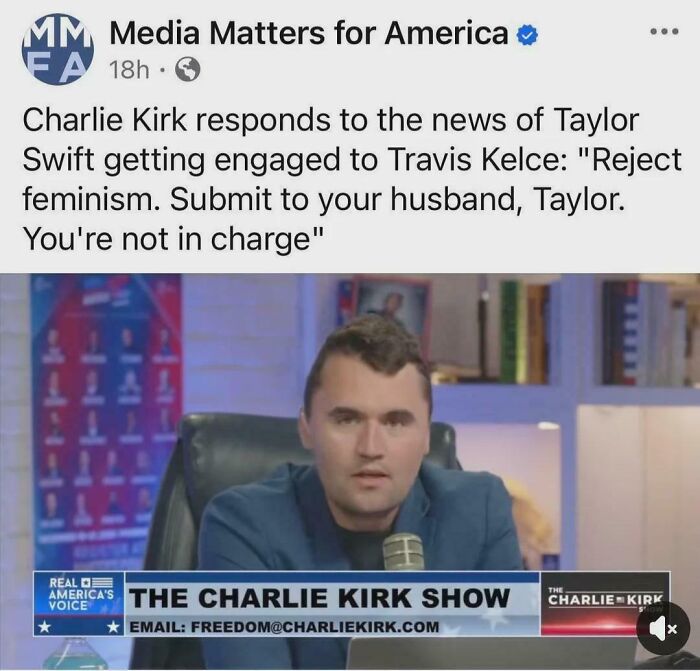 Charlie Kirk's cringey response to Taylor Swift's engagement, telling her to reject feminism.