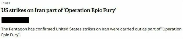 News article headline about US strikes on Iran as part of Operation Epic Fury, an example of cringey people.