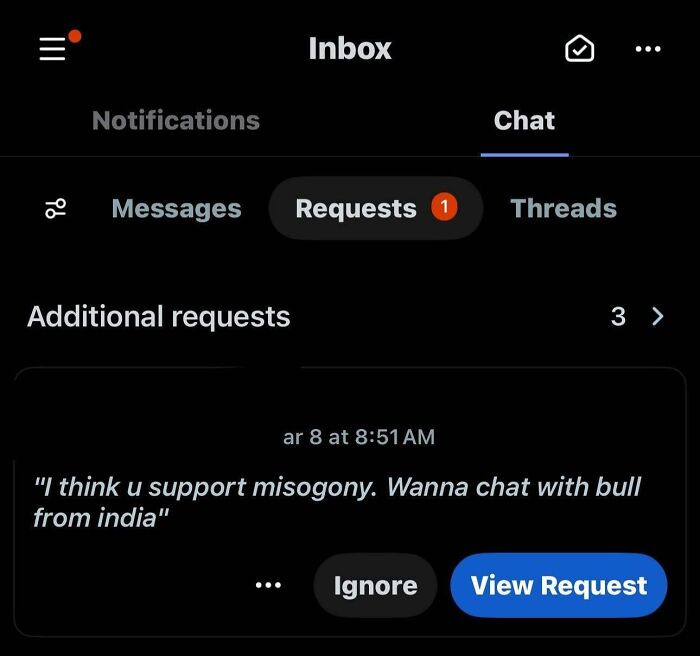 A cringey message request about misogyny in an inbox on a dark mode screen.