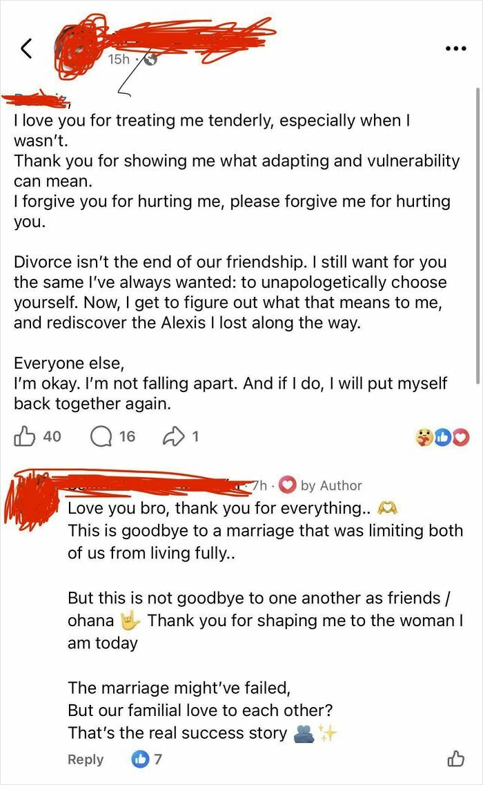 Cringey People social media post displaying a lengthy divorce announcement and a supportive comment.