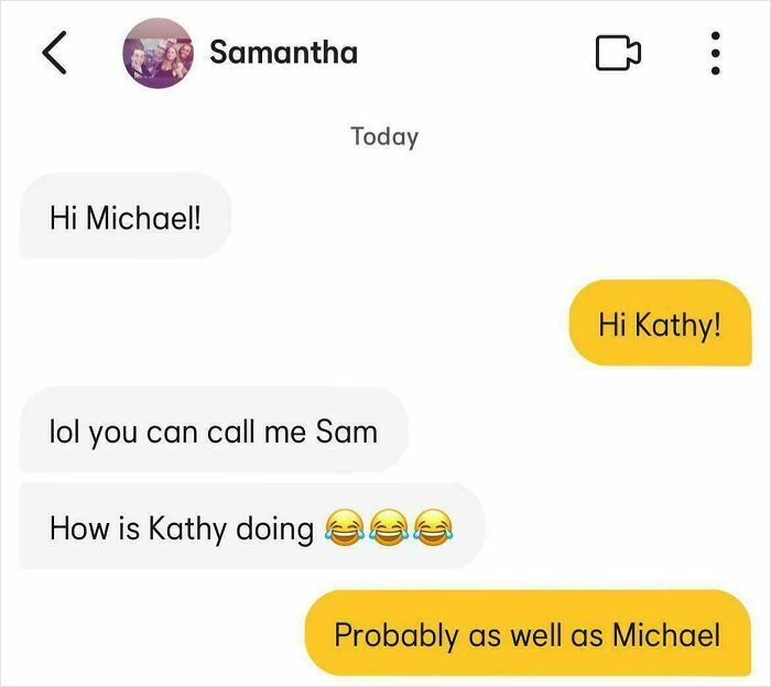 A cringey chat exchange where someone mistakes the name Michael for Kathy, showing how people can be awkward.