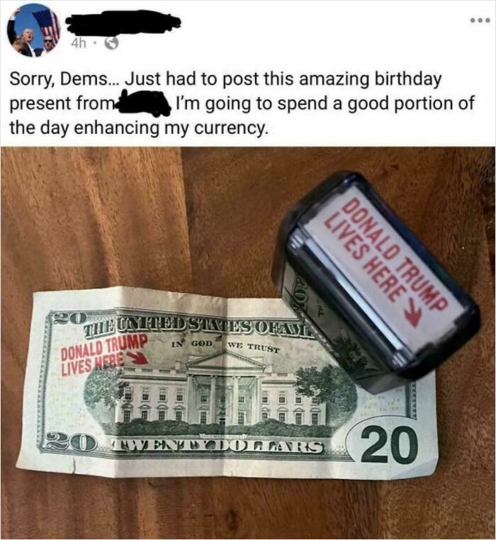 A twenty-dollar bill stamped with Donald Trump Lives Here, showing cringey people with new pics.