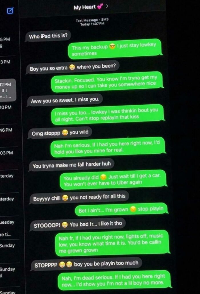 A cringey text message conversation with overly flirtatious and suggestive messages.