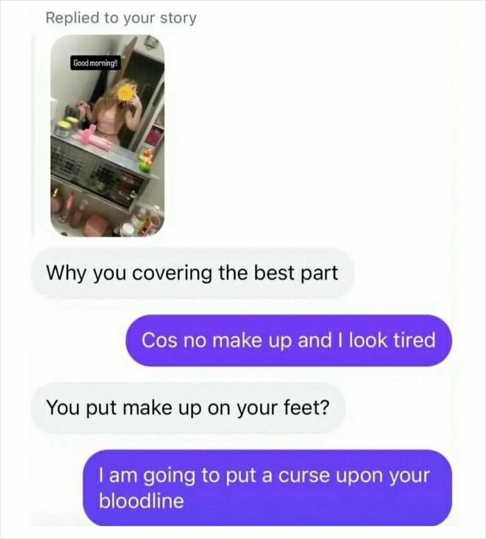 A meme showing a text conversation with hilarious replies about covering a photo.