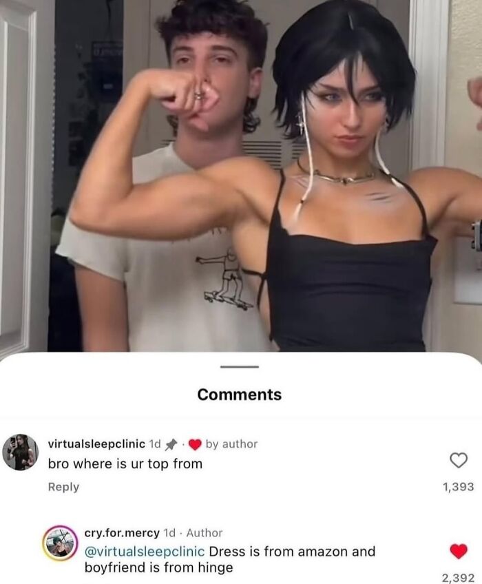 A funny meme from social media featuring a strong woman posing with a man, with comments about her dress and boyfriend.