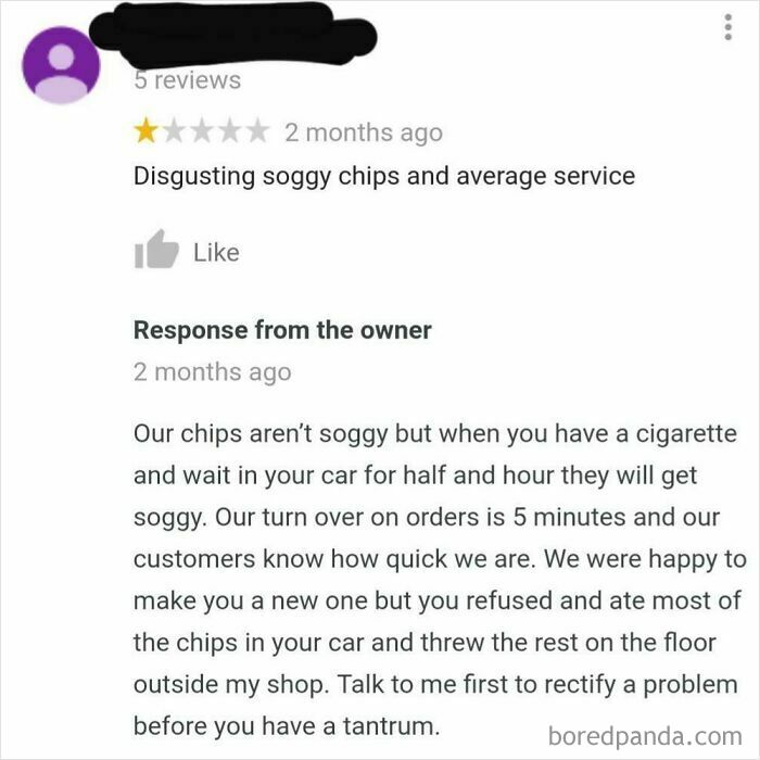 A restaurant owner exposing a customer's lie about soggy chips, demonstrating what happens when you lie on social media.