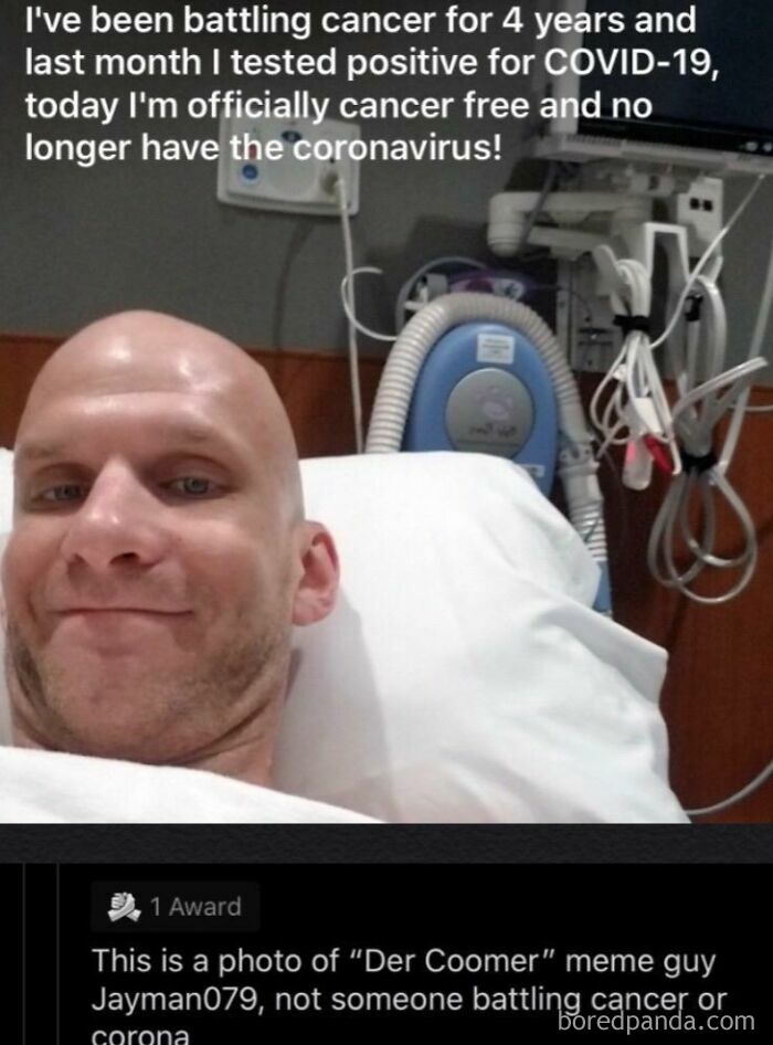 A social media post with a person claiming to be cancer-free from COVID-19, exposed as a meme character, illustrating what happens when you lie on social media.