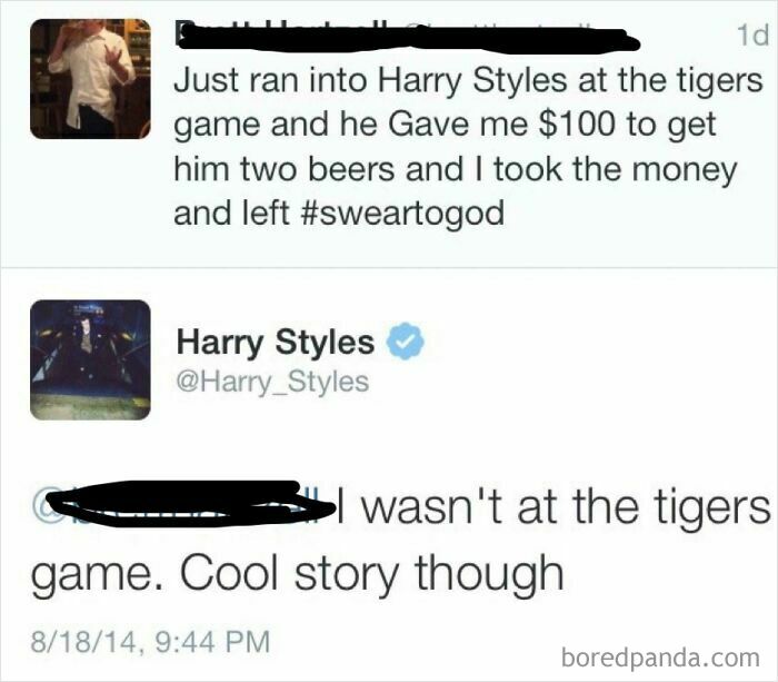 Harry Styles debunking a fan's lie on social media about meeting him at a game.