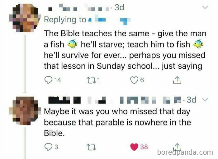 A social media exchange where one user is caught lying about a Bible parable.
