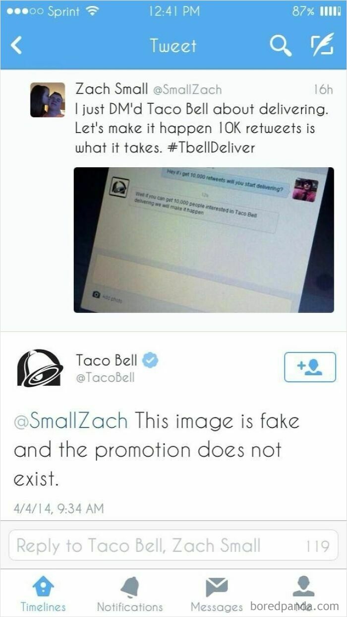 A social media post showing a lie about Taco Bell delivering, debunked by Taco Bell itself.