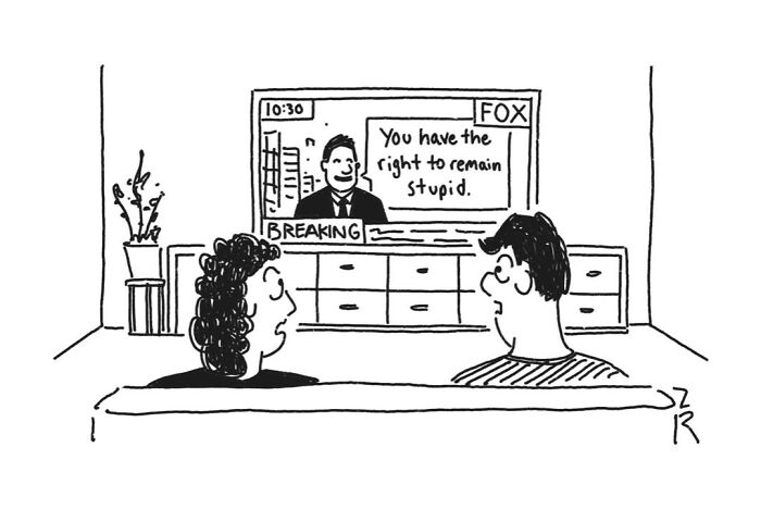 Absurd comics of a couple watching a news anchor on TV saying, 'You have the right to remain stupid.'