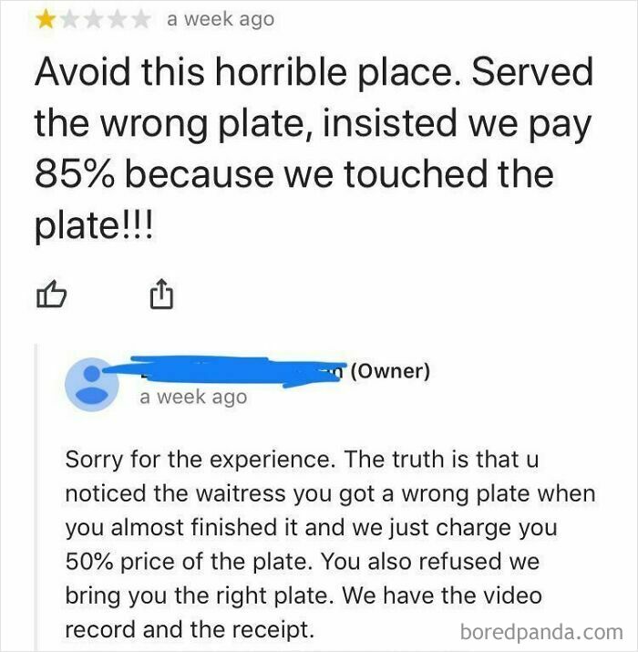 A restaurant customer's lie about a wrong order is exposed by the owner on social media with video evidence.