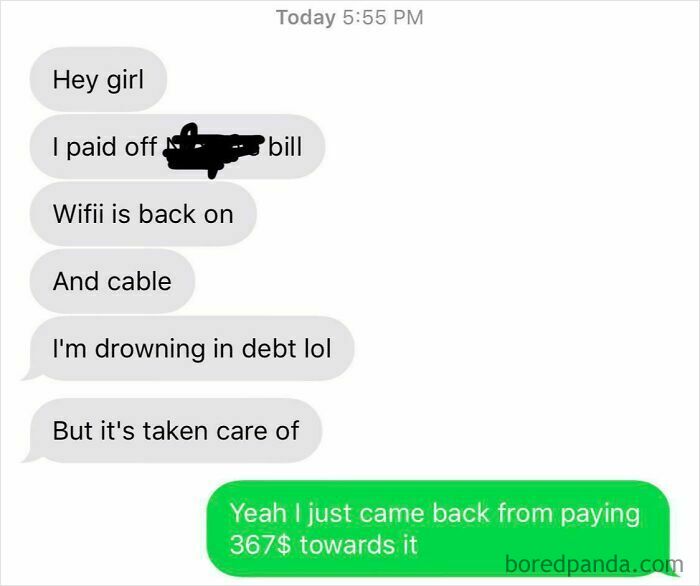 A text message conversation where someone is caught lying on social media about paying a bill, contradicted by another sender.
