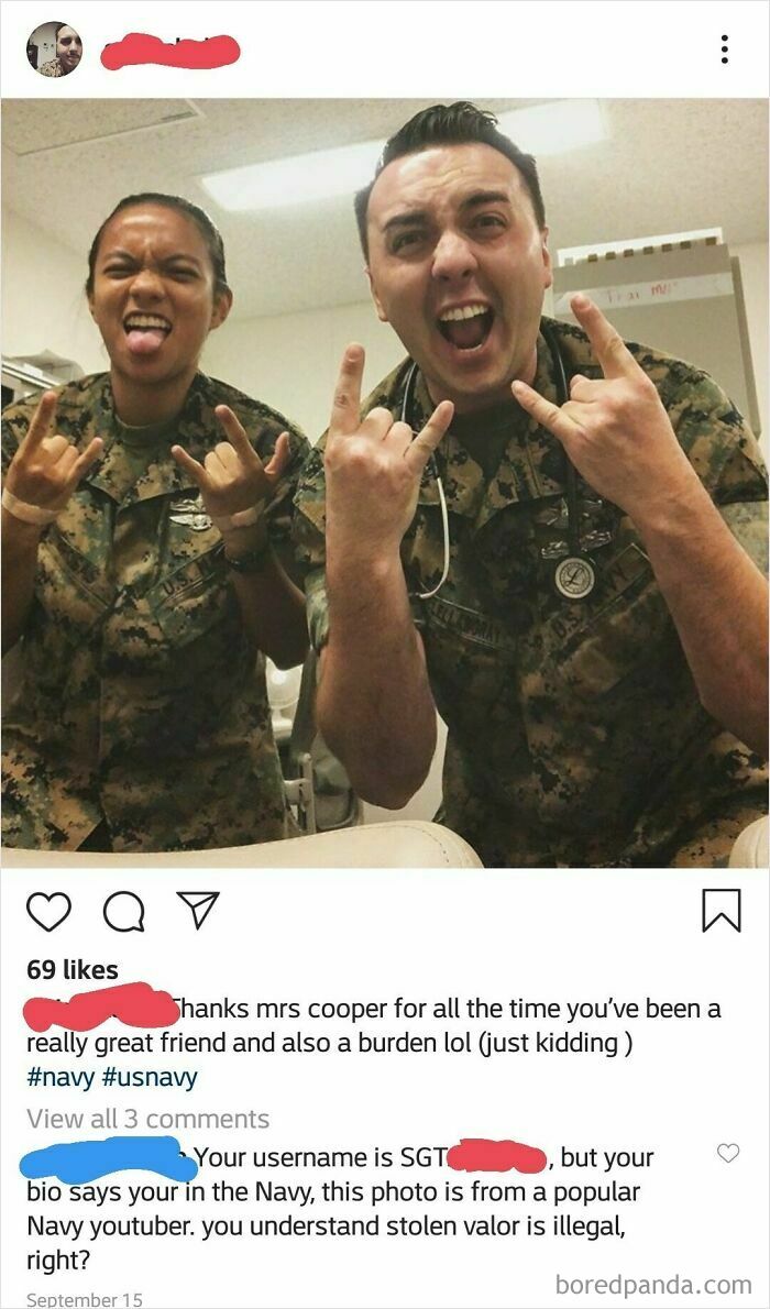A social media post showing two people in military uniforms, exposed for lying about their Navy service.