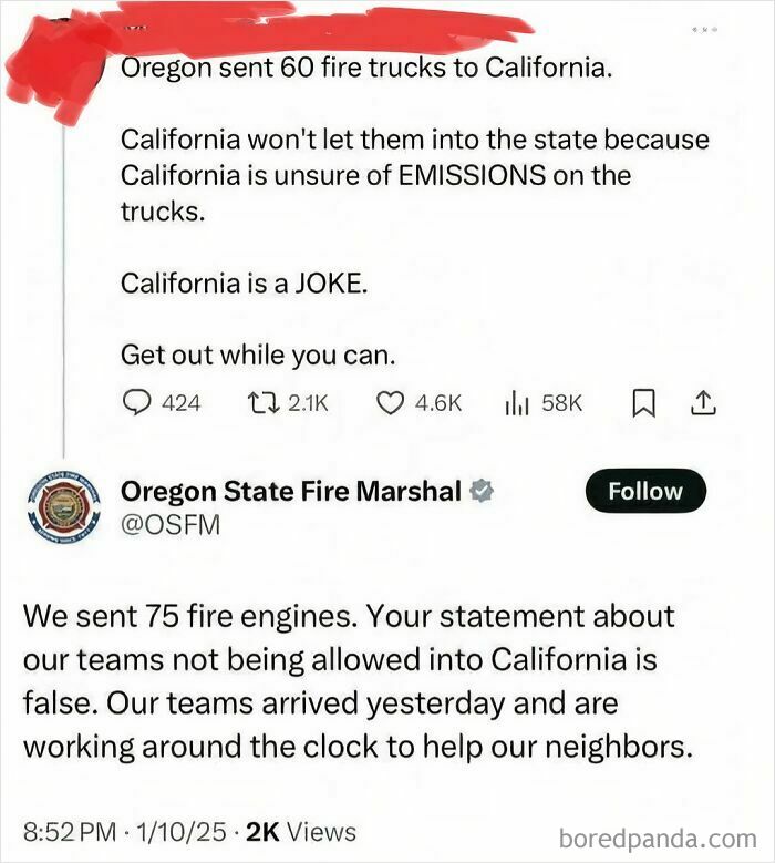 Oregon State Fire Marshal refutes a social media lie about California refusing fire trucks.