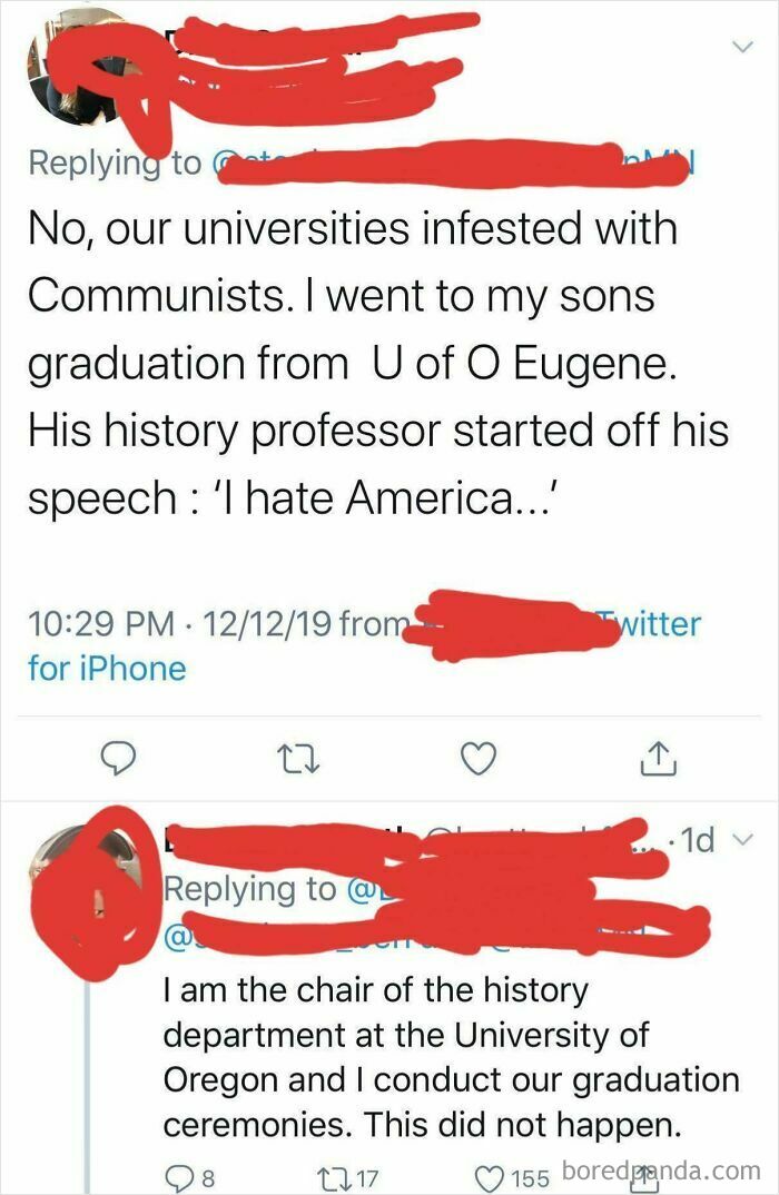 A social media user exposed for lying about a university professor's speech by a history department chair.