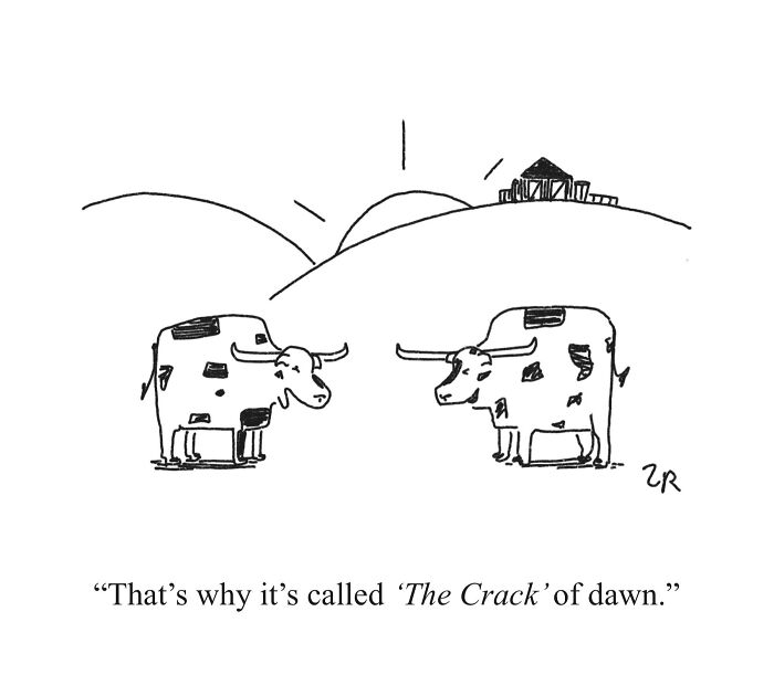 Absurd comics depicting two cows discussing the phrase 'the crack of dawn' with the sun rising in the background.