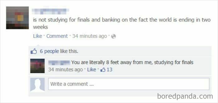 A social media post with a person lying about studying for finals and someone exposing the lie.