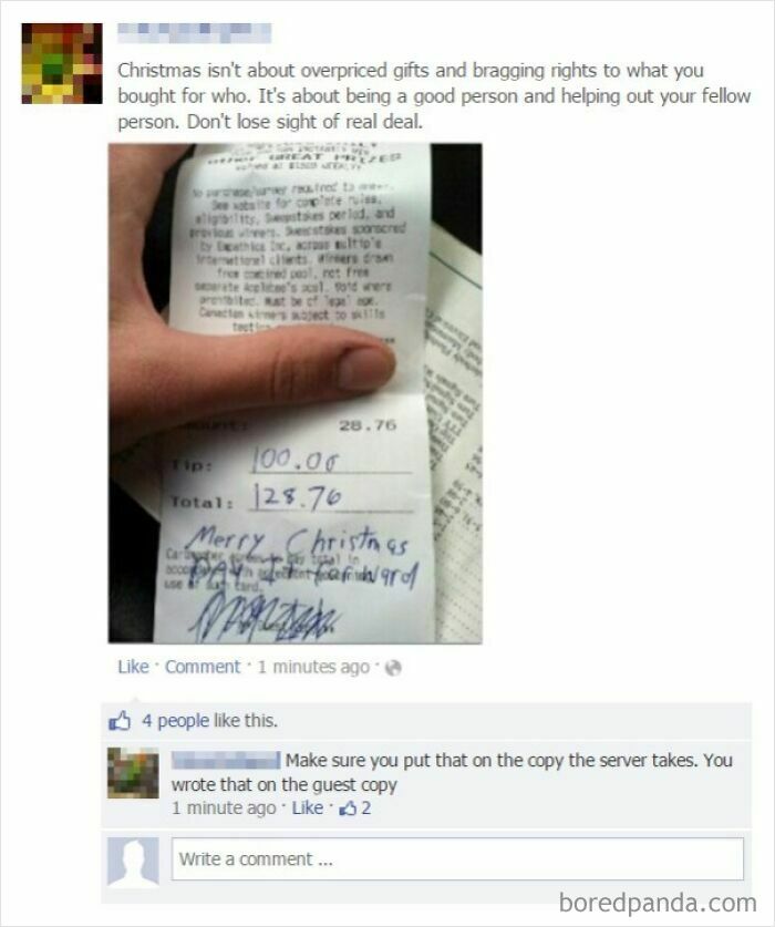 A social media post with a person lying about tipping a server, exposed by the guest copy of the receipt.