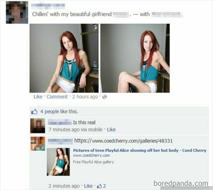 A social media post where someone lies about having a girlfriend, but the image is from a website.