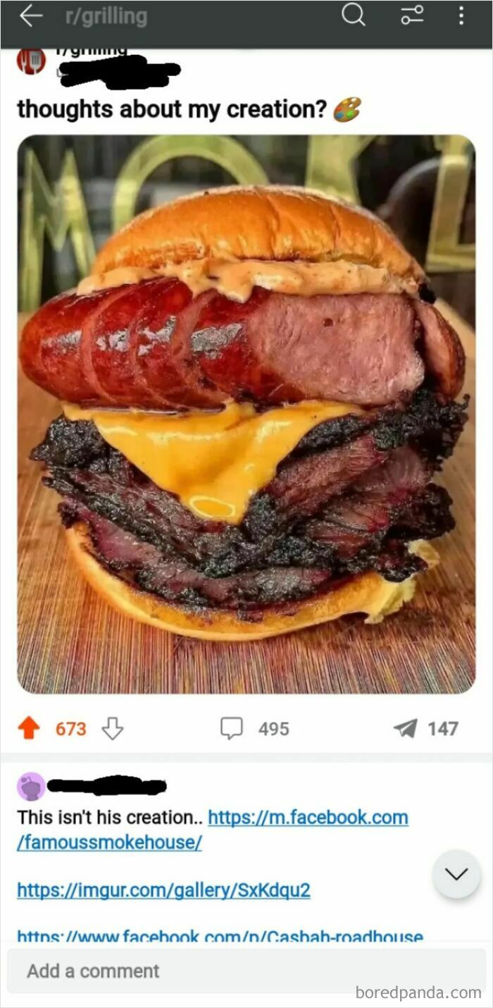 Screenshot of a Reddit post showcasing a large burger, with comments exposing the user's lie on social media about its creation.