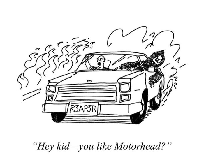 Absurd comic with a man driving a car with flames around it, and the Grim Reaper in the passenger seat asking about Motorhead.