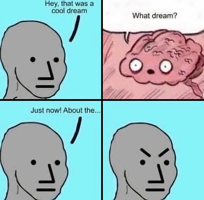 A funny meme in comic format: a person forgets a cool dream instantly, making them angry.