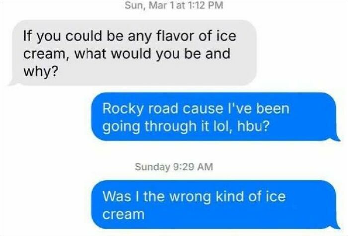 A humorous text conversation meme about ice cream flavors and a follow-up asking if the choice was wrong.