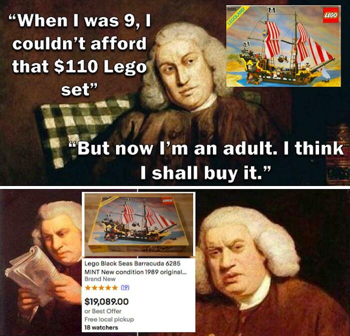 A funny meme showing a person wanting a Lego set from childhood, only to find the price as an adult is astronomically high.