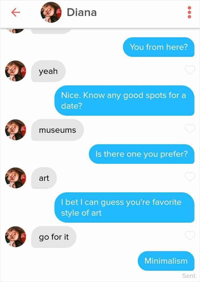 Hilarious meme of a conversation on a dating app about favorite art styles.
