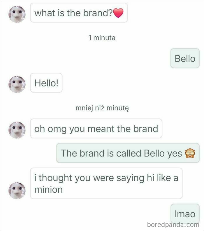 Unhinged Vinted posts include a funny conversation about a brand named Bello, mistaken for a Minion greeting.