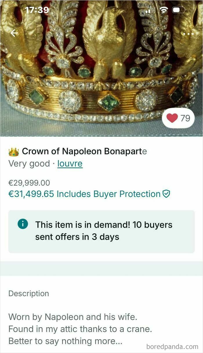 A Vinted post selling the Crown of Napoleon Bonaparte for almost €30,000, found in an attic, an unhinged Vinted post.