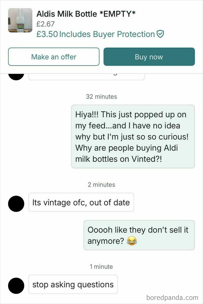 A Vinted post displaying an empty Aldi milk bottle for sale, with a conversation questioning why people are buying such items.