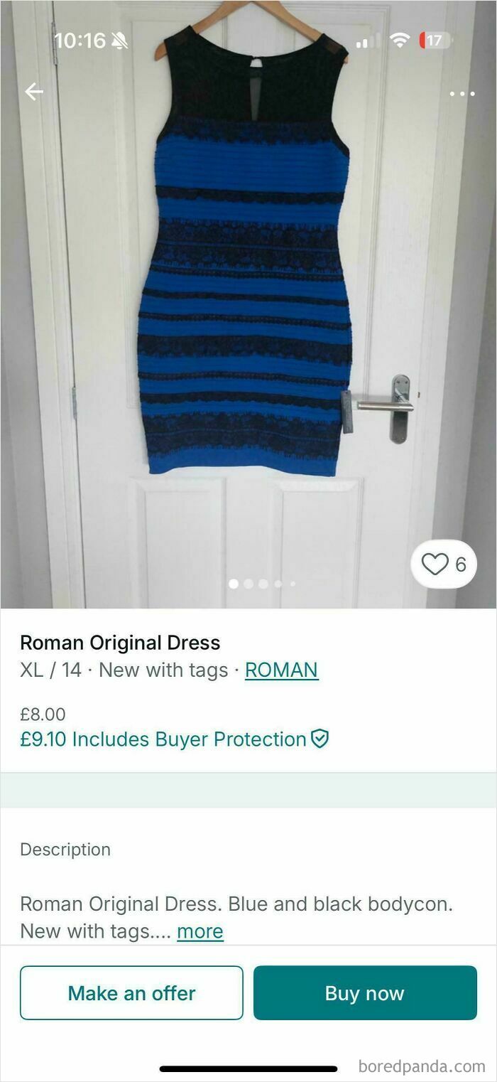 A blue and black dress hanging on a white door, resembling the viral optical illusion, as seen in unhinged Vinted posts.