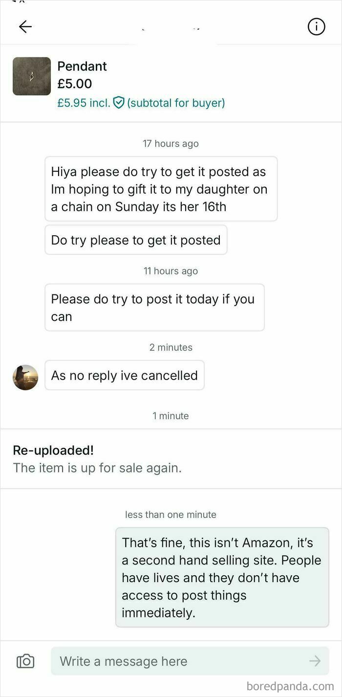 Unhinged Vinted posts showing a conversation where a buyer cancels an order, saying no reply was received.