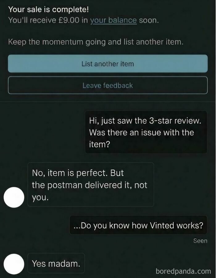 A screenshot of a Vinted chat displaying a sale completion and a humorous exchange about a 3-star review, showing unhinged Vinted posts.